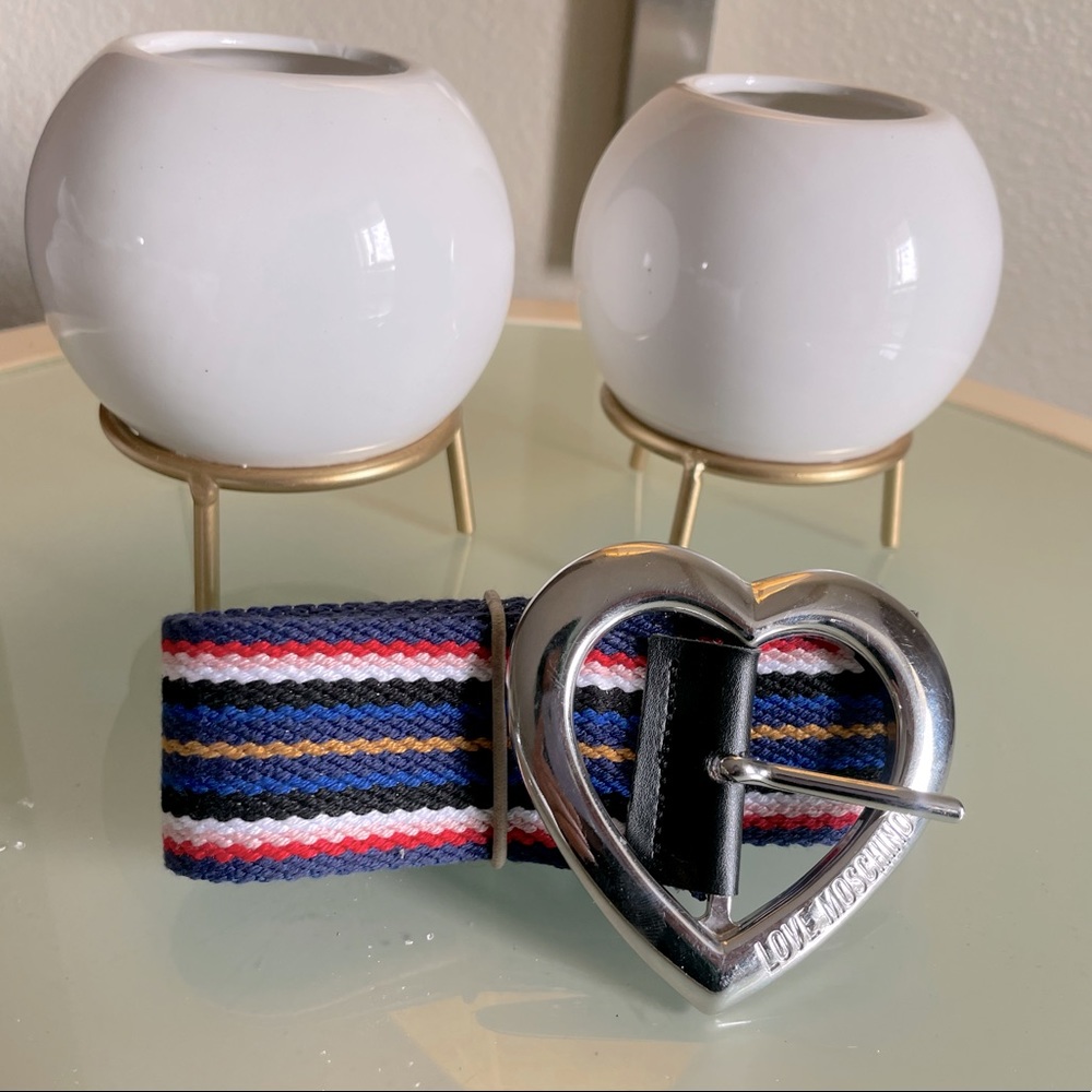 Love Moschino Striped Fabric Belt with Heart Logo Buckle